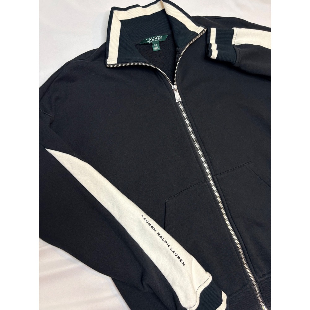 Lauren Ralph Lauren Womens Track Jacket Black Cream Full Zip Mock Neck Small